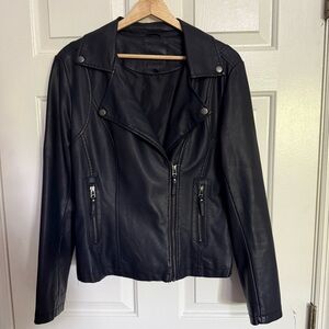 Max Studio Dark Navy Faux Leather Moto Jacket – Size Medium